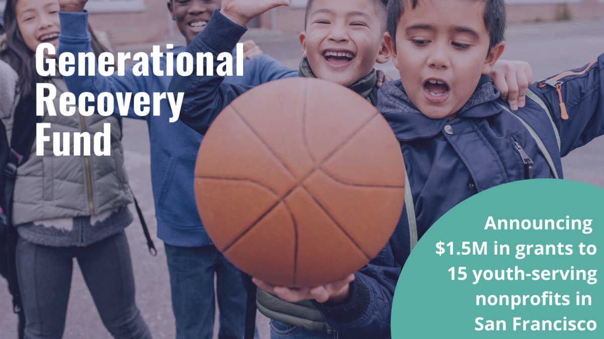 Four happy children on a playground play with a basketball. Text over image reads "Generational Recovery Fund, Announcing $1.5M in grants"